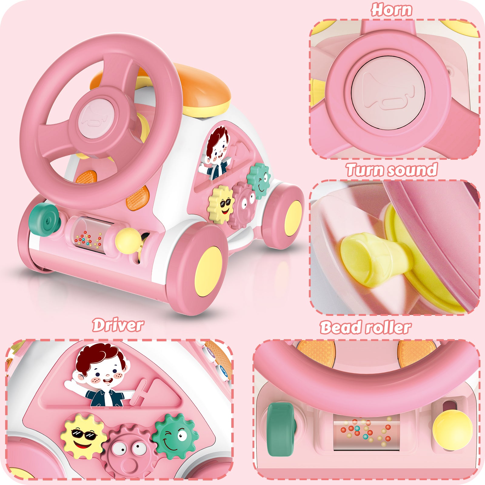 JovialStep Music Toddler Toys with Car/Sound/Music/Steering Wheel/Telephone/Lights Multi-Functional Car Early Educational Birthday Gift for Girl