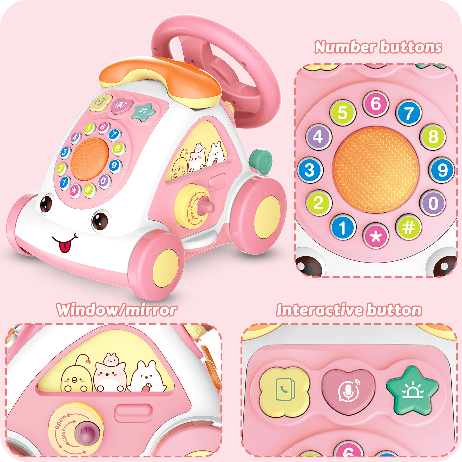 JovialStep Music Toddler Toys with Car/Sound/Music/Steering Wheel/Telephone/Lights Multi-Functional Car Early Educational Birthday Gift for Girl