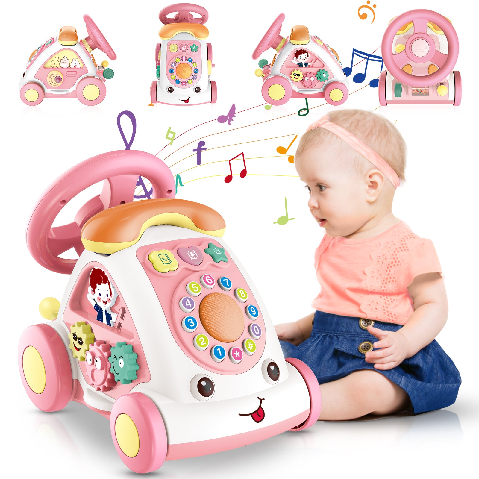 JovialStep Music Toddler Toys with Car/Sound/Music/Steering Wheel/Telephone/Lights Multi-Functional Car Early Educational Birthday Gift for Girl